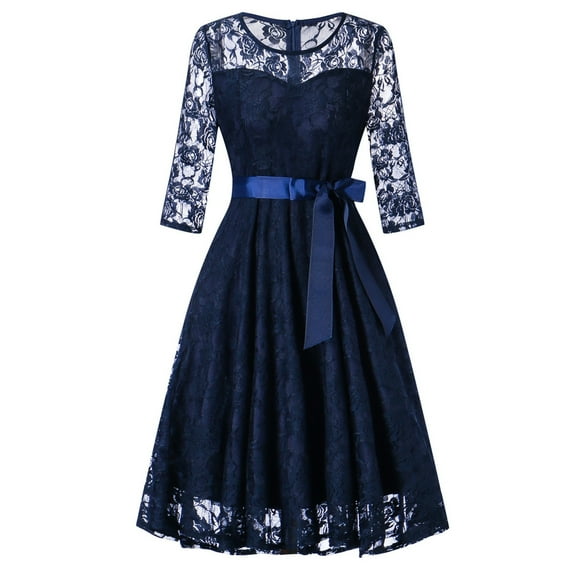 Brglopf Women's Vintage Formal Cocktail Party Dresses Crew Neck Floral Embroidery Sheer Mesh Long Sleeve Dress for Wedding Guest A-line Swing Midi Dress Navy Blue M