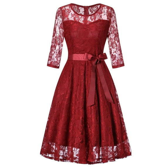 Brglopf Women's Vintage Formal Cocktail Party Dresses Crew Neck Floral Embroidery Sheer Mesh Long Sleeve Dress for Wedding Guest A-line Swing Midi Dress Red S