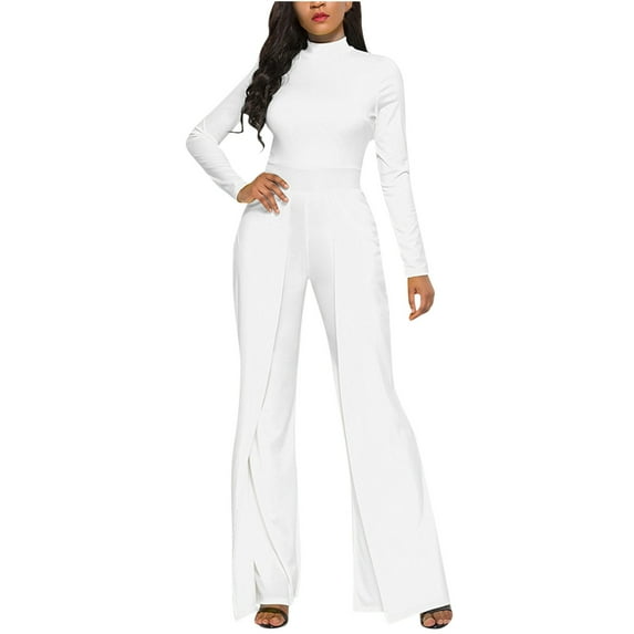 Brglopf Women's Wide Leg Jumpsuits Outfits Casual Mock Neck One Piece Long Sleeve Overlay Pants Rompers Elegant Slim Solid Jumpsuit