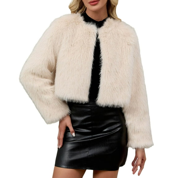Brglopf Women's Winter Faux Fur Coats Fluffy Open Front Cardigan Cropped Jacket Fall Warm Long Sleeve Shaggy Outerwear(Beige,M)