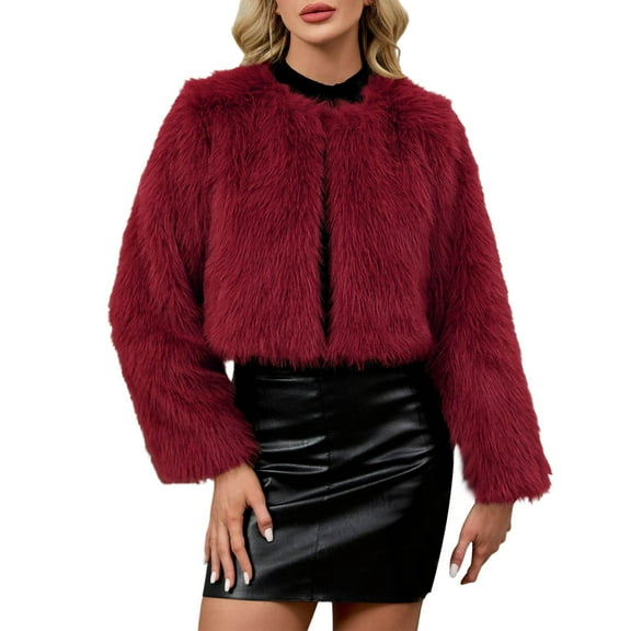 Brglopf Women's Winter Faux Fur Coats Fluffy Open Front Cardigan Cropped Jacket Fall Warm Long Sleeve Shaggy Outerwear(Red,XL)