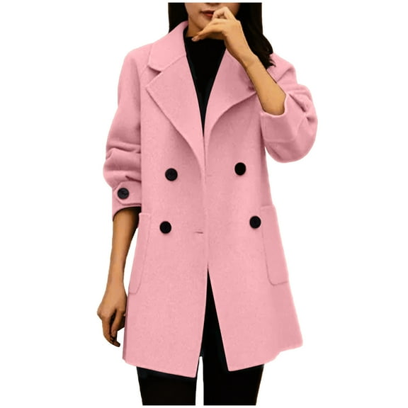 Brglopf Women's Wool Blend Pea Coat Notched Lapel Collar Over Coats Basic Essential Double Breasted Long Jackets with Pockets