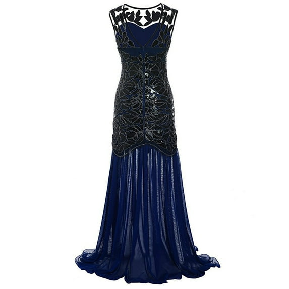 Brglopf Womens 1920s Vintage Dress Sequins Long Flapper Mermaid Hem Cocktail Party Dress Formal Wedding Evening Maxi Gown Dresses Navy Blue XXL
