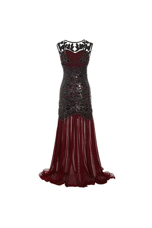 Womens 1920s Vintage Dress Sequins Long Flapper Mermaid Hem Cocktail Party Dress Formal Wedding Evening Maxi Gown Dresses Wine Red L