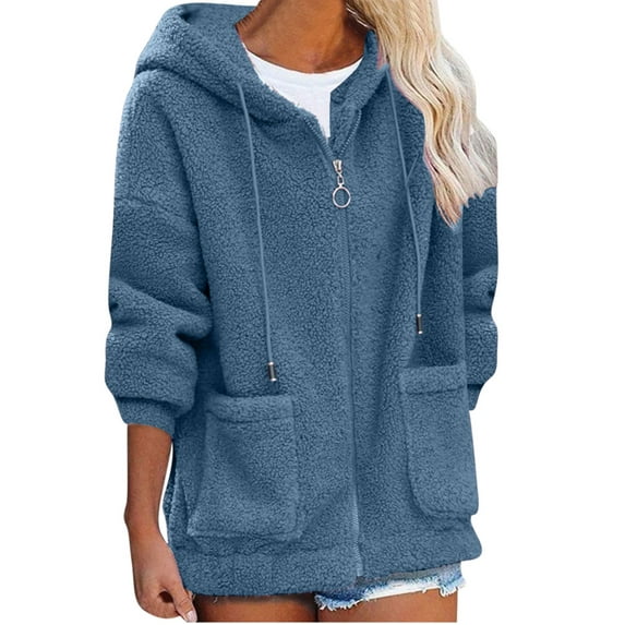 Brglopf Womens 2023 Fashion Warm Hoodies Long Sleeve Drawstring Hooded Pullover Tops Zip Up Double Fleece Sweatshirt Solid Color Oversized Outerwear