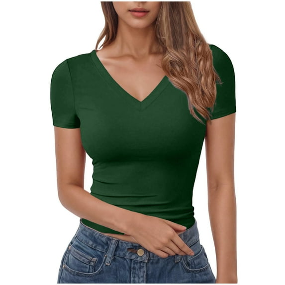 Brglopf Womens Basic V Neck Short Sleeve T Shirts Slim Fit Crop Y2k Tee 2025 Summer Cute Gym Fashion Tops(Army Green,M)