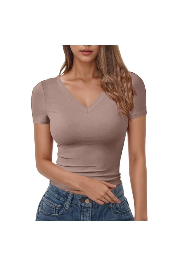 Womens Basic V Neck Short Sleeve T Shirts Slim Fit Crop Y2k Tee 2025 Summer Cute Gym Fashion Tops(Khaki,S)