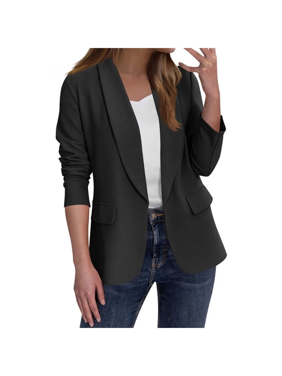 Womens Blazer Lightweight Open Front Casual Suit Jackets Long Sleeve Lape Collar Business Work Blazers with Pockets(Black,M)