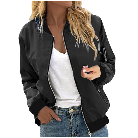 Brglopf Womens Bomber Jacket Trendy Zip Up Fall Jackets Lightweight Outwear Coat Spring Windbreaker with Pockets(Black,M)