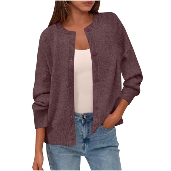 Brglopf Womens Cardigan Sweaters Casual Long Sleeve Button Down Crewneck Fall Cardigans Soft Lightweight Knit Loose Sweater Tops(Purple,Free Size)