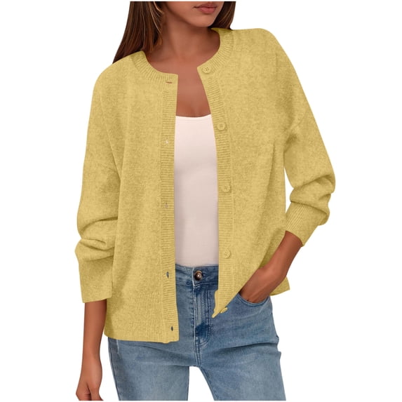 Brglopf Womens Cardigan Sweaters Casual Long Sleeve Button Down Crewneck Fall Cardigans Soft Lightweight Knit Loose Sweater Tops(Yellow,Free Size)