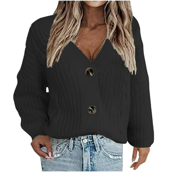 Brglopf Womens Cardigan Sweaters Long Sleeve V-Neck Open Front Button Cable Knit Cardigans Fall Winter Chunky Sweater Coat(Black,XL)