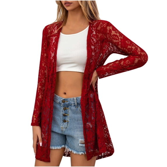 Brglopf Womens Casual Lace Crochet Cardigan Loose Soft Drape Open Front Cardigans Long Sleeve Beach Coverups Top(Red,XXL)