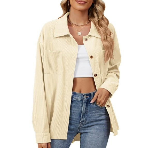 Brglopf Womens Corduroy Button Down Shirts Oversized Long Sleeve Casual Cardigan Jacket Fall Fashion Shacket Shirt with Pocket(Beige,XL)