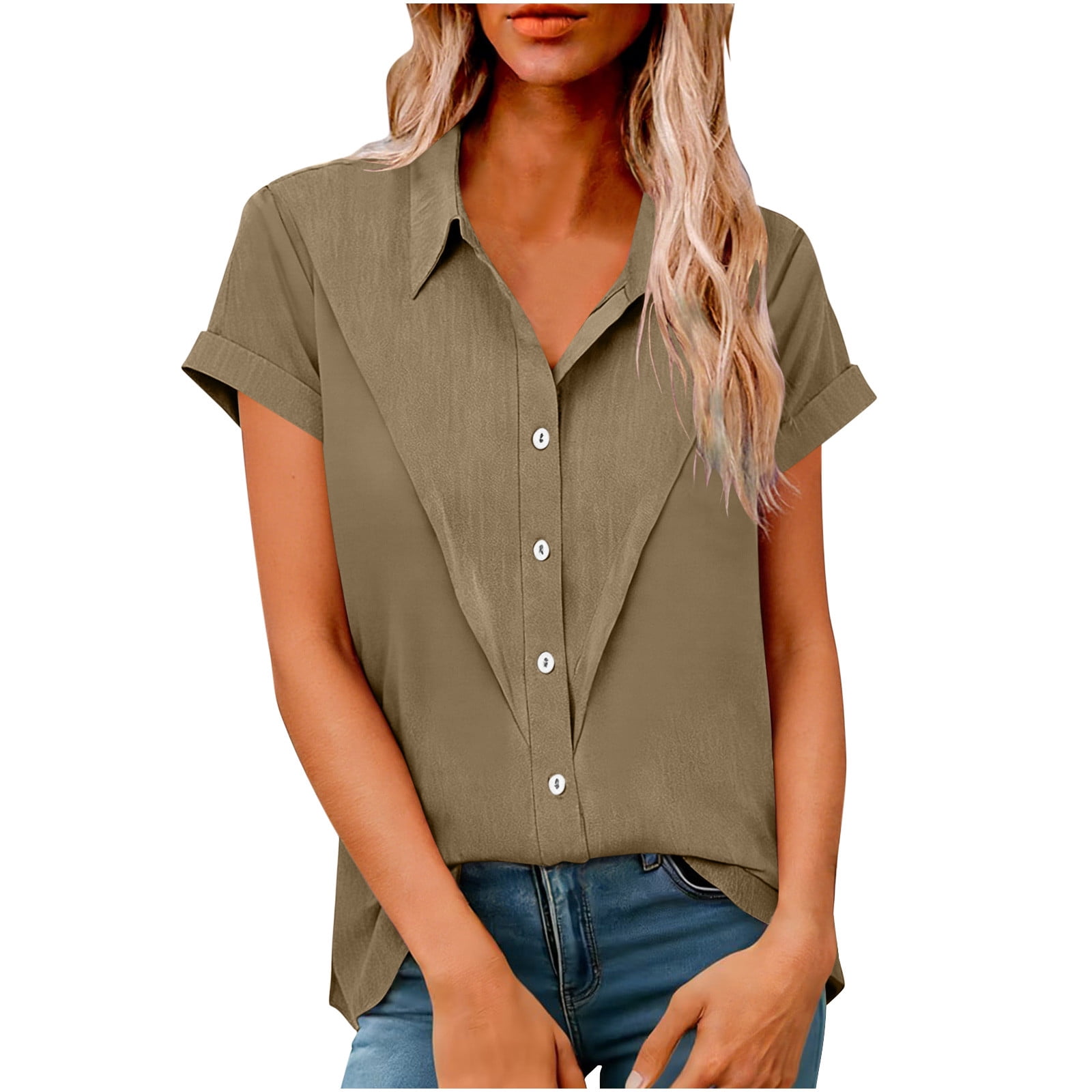 Brglopf Womens Cotton Linen Button Down Shirts Plus Size Short Sleeve ...