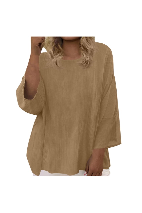 Womens Cotton Linen Summer Tops Plus Size Crewneck 3/4 Length Sleeve Tunic Blouse Boho Shirts Trendy Loose Fit Tees(Khaki,XXL)