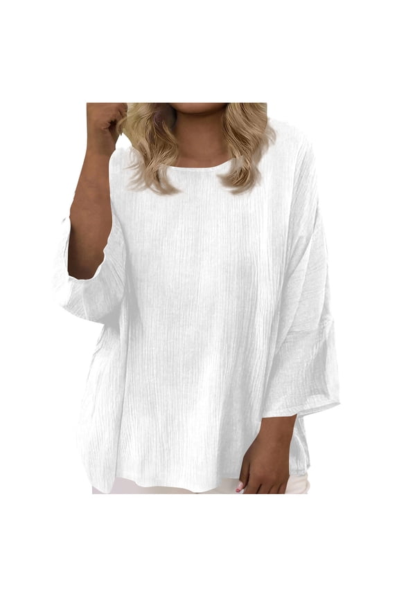 Womens Cotton Linen Summer Tops Plus Size Crewneck 3/4 Length Sleeve Tunic Blouse Boho Shirts Trendy Loose Fit Tees(White,5XL)