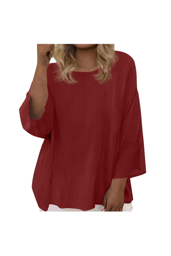 Womens Cotton Linen Summer Tops Plus Size Crewneck 3/4 Length Sleeve Tunic Blouse Boho Shirts Trendy Loose Fit Tees(Wine,5XL)