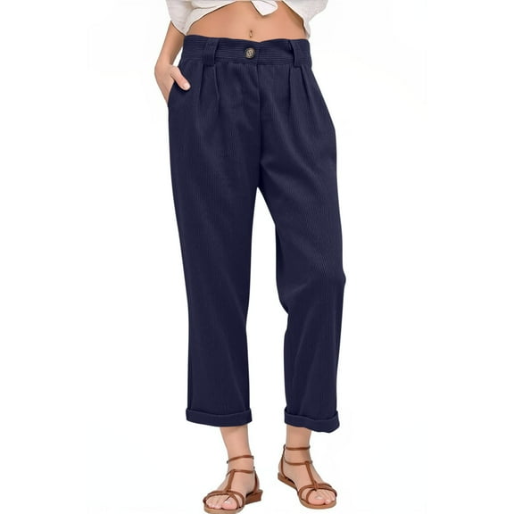 Brglopf Womens Cropped Corduroy Pants Elastic High Waist Retro Trousers Casual Straight Leg Baggy Capri Pants with Pockets Navy XL