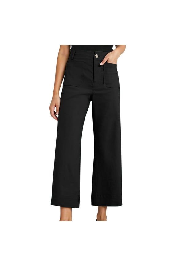 Womens Cropped Pants Stretch Twill Wide Leg Jeans with Patch Pocket Trendy High Waist Straight Leg Casual Chino Denim Pants Black L