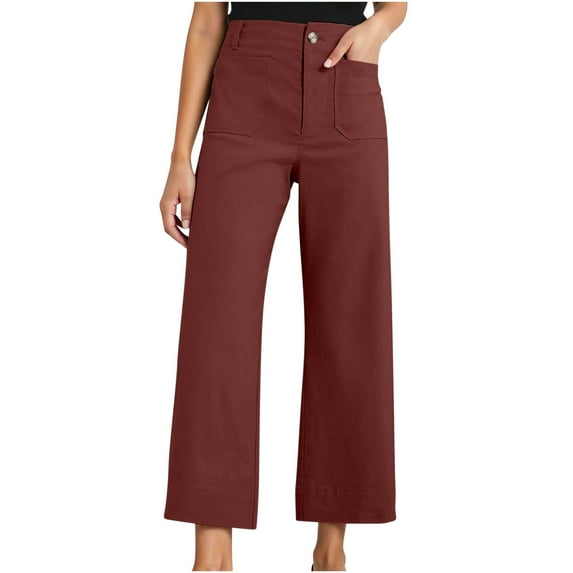 Brglopf Womens Cropped Pants Stretch Twill Wide Leg Jeans with Patch Pocket Trendy High Waist Straight Leg Casual Chino Denim Pants Wine XXL