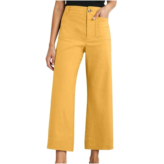 Brglopf Womens Cropped Pants Stretch Twill Wide Leg Jeans with Patch Pocket Trendy High Waist Straight Leg Casual Chino Denim Pants Yellow S