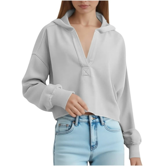 Brglopf Womens Cropped Pullover Hoodie Oversized Long Sleeve Loose Fit Hoodies V-Neck Y2K Fashion Hooded Sweatshirts Gray XL