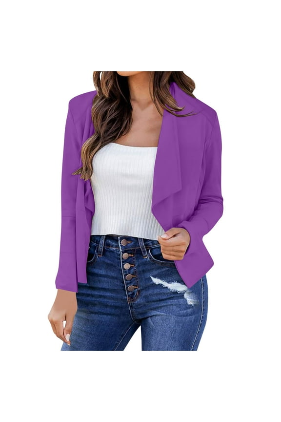 Womens Cropped Suit Jackets Lightweight Open Front Draped Blazer Business Casual Long Sleeve Office Work Blazers(Purple,S)