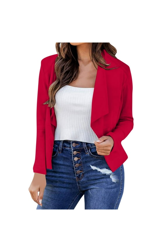 Womens Cropped Suit Jackets Lightweight Open Front Draped Blazer Business Casual Long Sleeve Office Work Blazers(Red,S)