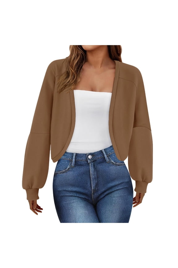 Womens Cropped Sweatshirt Jackets Long Sleeve Bolero Cardigan Open Front Shrug Workout Coat Y2K Tops Preppy Clothes(Coffee,S)