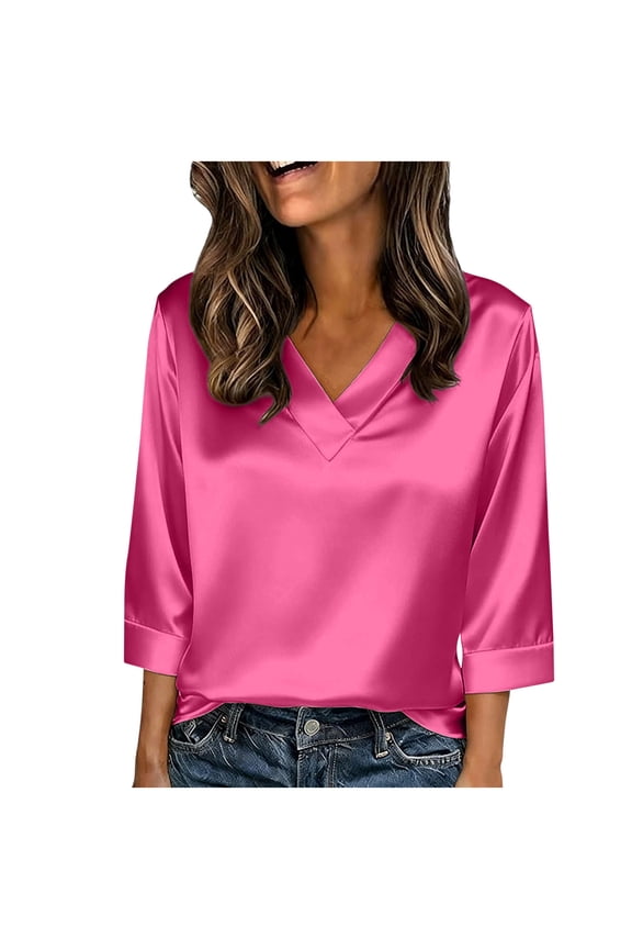 Womens Dressy Blouses 3/4 Sleeve V-Neck Satin Silk Shirts Business Casual Loose Work Tunic Tops(Hot Pink,S)