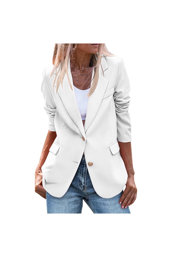 Womens Fall Business Casual Blazers Shoulder Pads Long Sleeve Notch Lapel Open Front Work Suit Office Blazer Jackets Outerwear(White,S)