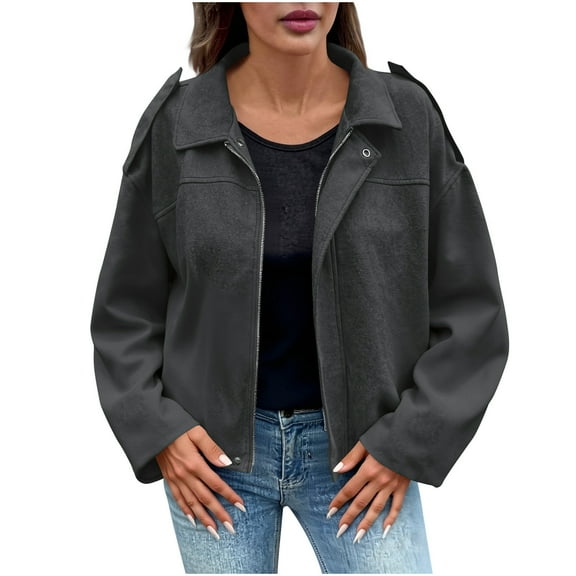 Brglopf Womens Faux Suede Bomber Jacket Casual Lapel Cropped Coat Oversized Motorcycle Jackets Lightweight Outerwear(Gray,S)
