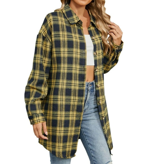 Brglopf Womens Flannel Plaid Shirts Jackets Fall Fashion Button Down Shacket Long Sleeve Collared Casual Tops Work Blouses(Yellow,3XL)