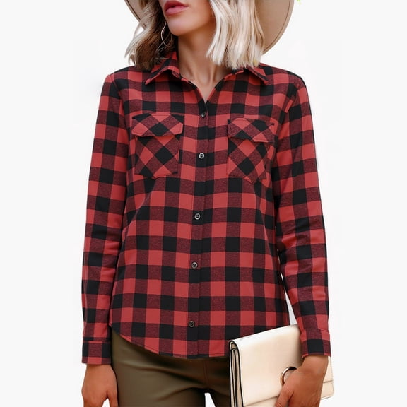 Brglopf Womens Flannel Shirts Long Sleeve Collared Button Down Plaid Shacket Shirt Business Casual Work Tops Spring Fall Blouses Wine L