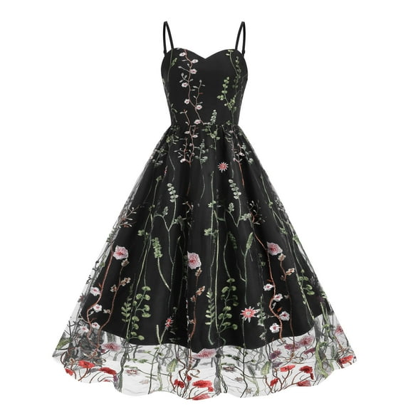Brglopf Womens Floral Embroidery Sheer Mesh Dresses Spaghetti Strap Vintage Cocktail Party Dress Wedding Prom Evening Swing Dress Black S