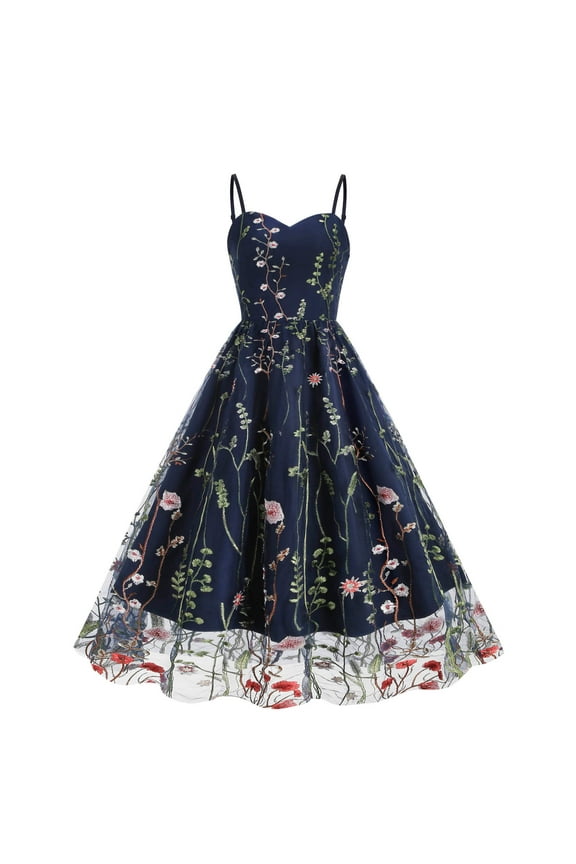 Womens Floral Embroidery Sheer Mesh Dresses Spaghetti Strap Vintage Cocktail Party Dress Wedding Prom Evening Swing Dress Navy Blue S