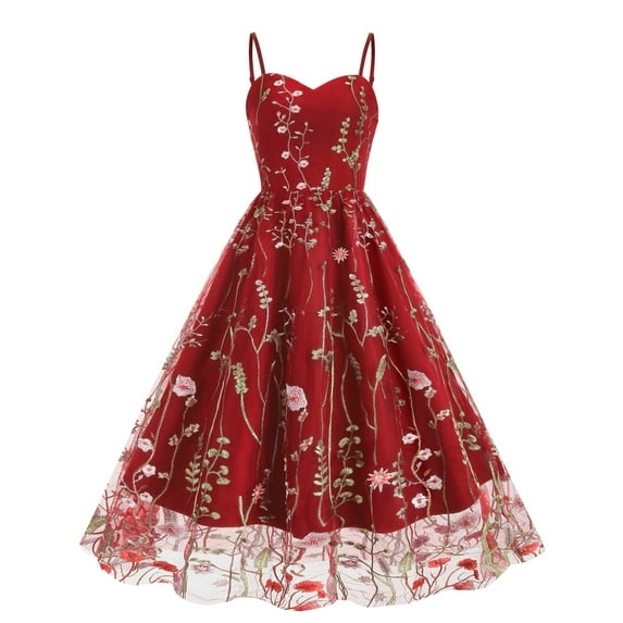 Brglopf Womens Floral Embroidery Sheer Mesh Dresses Spaghetti Strap Vintage Cocktail Party Dress Wedding Prom Evening Swing Dress Red XL