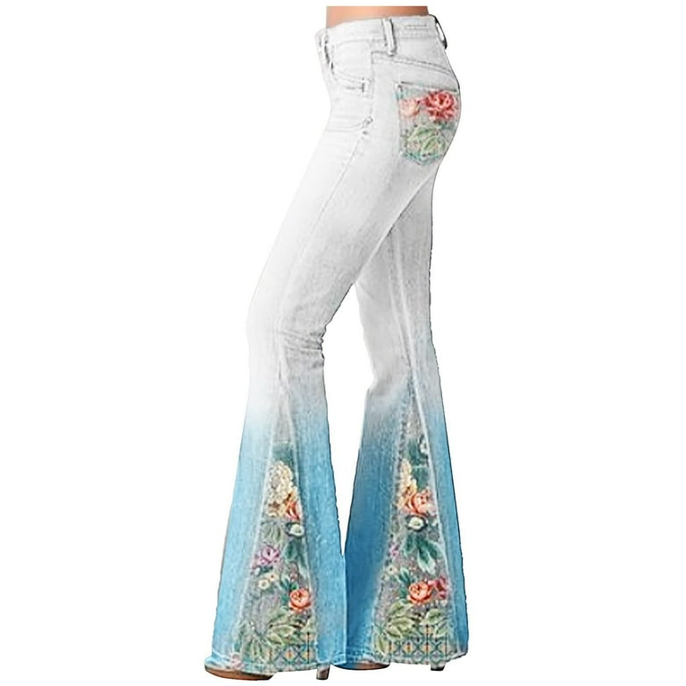 Brglopf Womens Floral Lace Flare Jeans High Waisted Stretch Bell