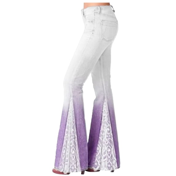 Brglopf Womens Floral Lace Flare Jeans High Waisted Stretch Bell Bottom Jeans Boho Bootcut Denim Palazzo Pants(Purple,XL)
