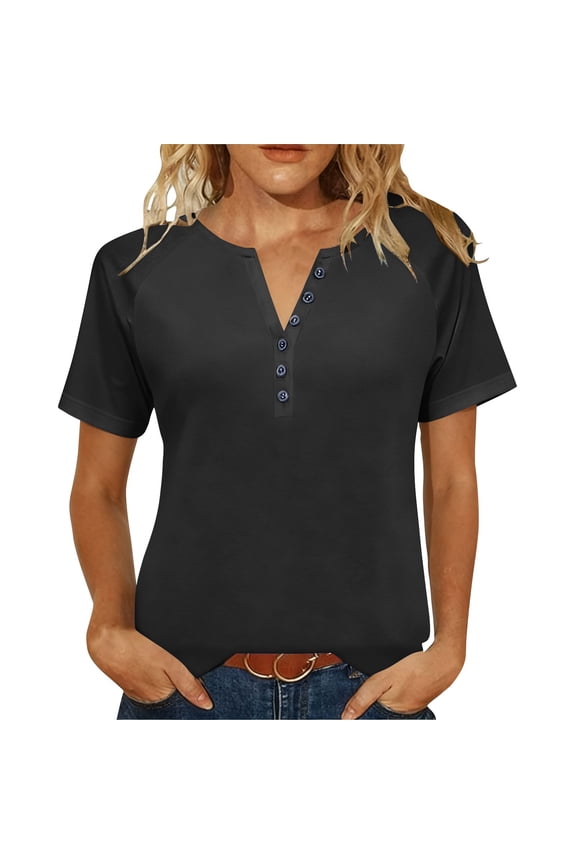 Womens Henley Raglan Short Sleeve Tops Plus Size Summer Color Block Tee Shirts Button V-Neck Y2K Casual T-Shirts(Black,3XL)