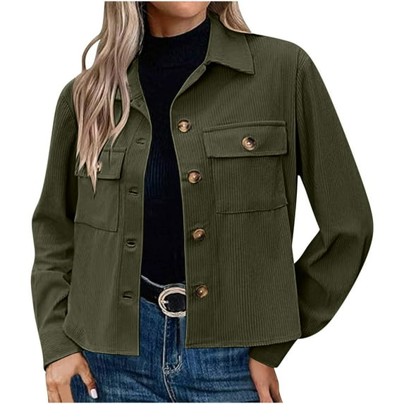 Brglopf Womens Jackets Fashion Cropped Corduroy Shackets Button Down Collared Crop Jacket Tops Fall Trendy Long Sleeve Shirts(Green,L)