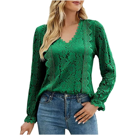 Brglopf Womens Lace Tops Long Sleeve V Neck Shirts Crochet Satin Blouse Casual Loose Lightweight Blouses