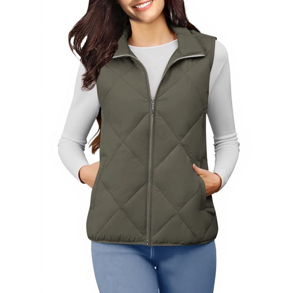 Brglopf Womens Lightweight Puffer Vest Sleeveless Quilted Jackets Zip Up Stand Collar Warm Fall Winter Padded Gilet Outwear with Pockets(Army Green,XXL)