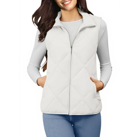 Brglopf Womens Lightweight Puffer Vest Sleeveless Quilted Jackets Zip Up Stand Collar Warm Fall Winter Padded Gilet Outwear with Pockets(White,M)