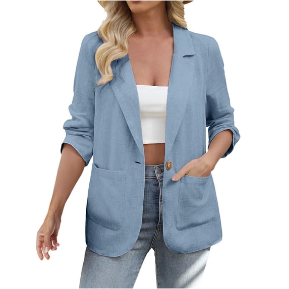 Brglopf Womens Linen Blazer Business Casual Long Sleeve Lapel Lightweight One Button Blazers Spring Fall Work Jackets with Pockets(Light Blue,M)