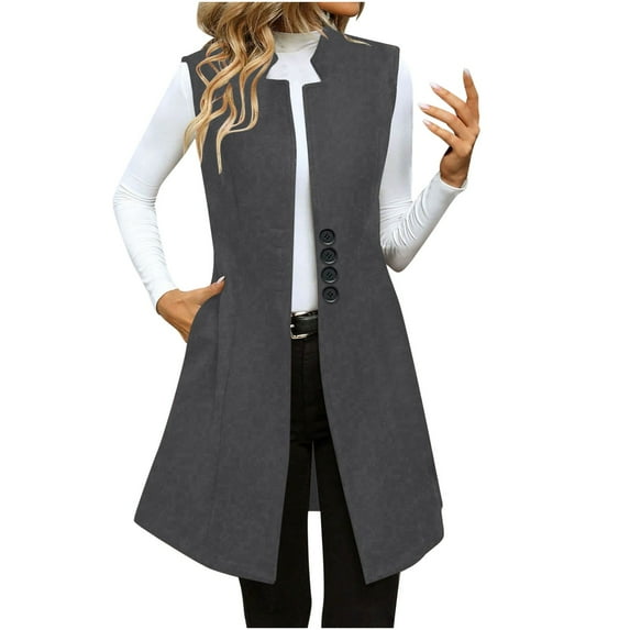 Brglopf Womens Long Blazers Vest Fall Winter Sleeveless Blazer Jackets Business Work Single Breasted Trench Coats with Pockets(Gray,L)
