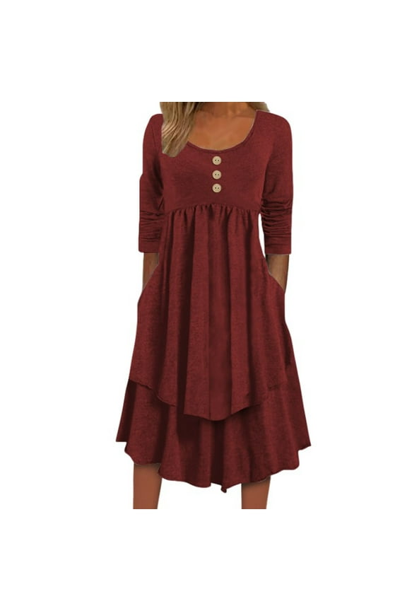 Womens Long Sleeve Dress Plus Size Button Decor Crewneck Dresses Ruffle Irregular Hem A-Line Flowy Pleated Midi Dress