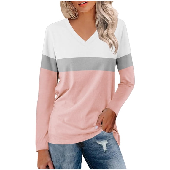Brglopf Womens Long Sleeve Tunic Shirts Casual Solid Color V Neck Basic Tops Spring Loose Fit Pullovers Tops Tee Shirts