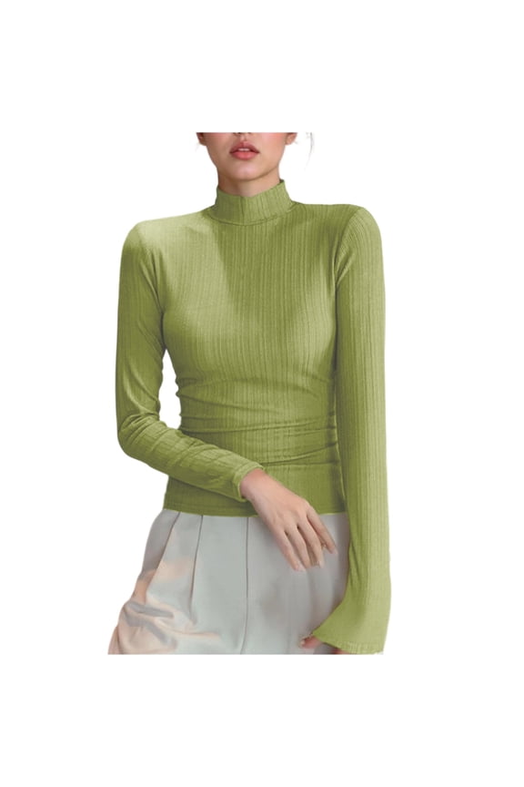 Womens Mock Turtleneck Ribbed Shirts Fall Long Sleeve Tops Soft Comfy Basic Layering Thermal Undershirts Tees Green L